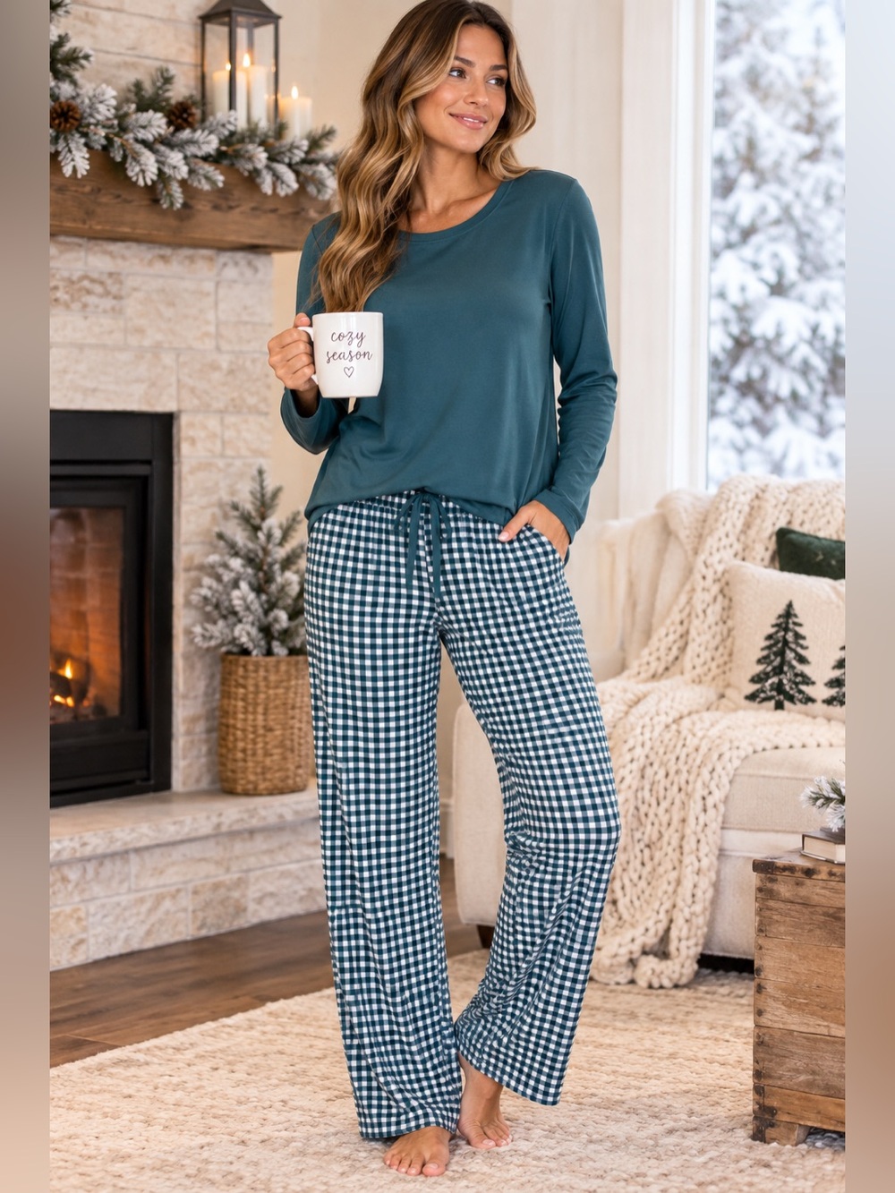 JI JAMAS 100% Pima Cotton Teal Gingham Pajama Set NWOT